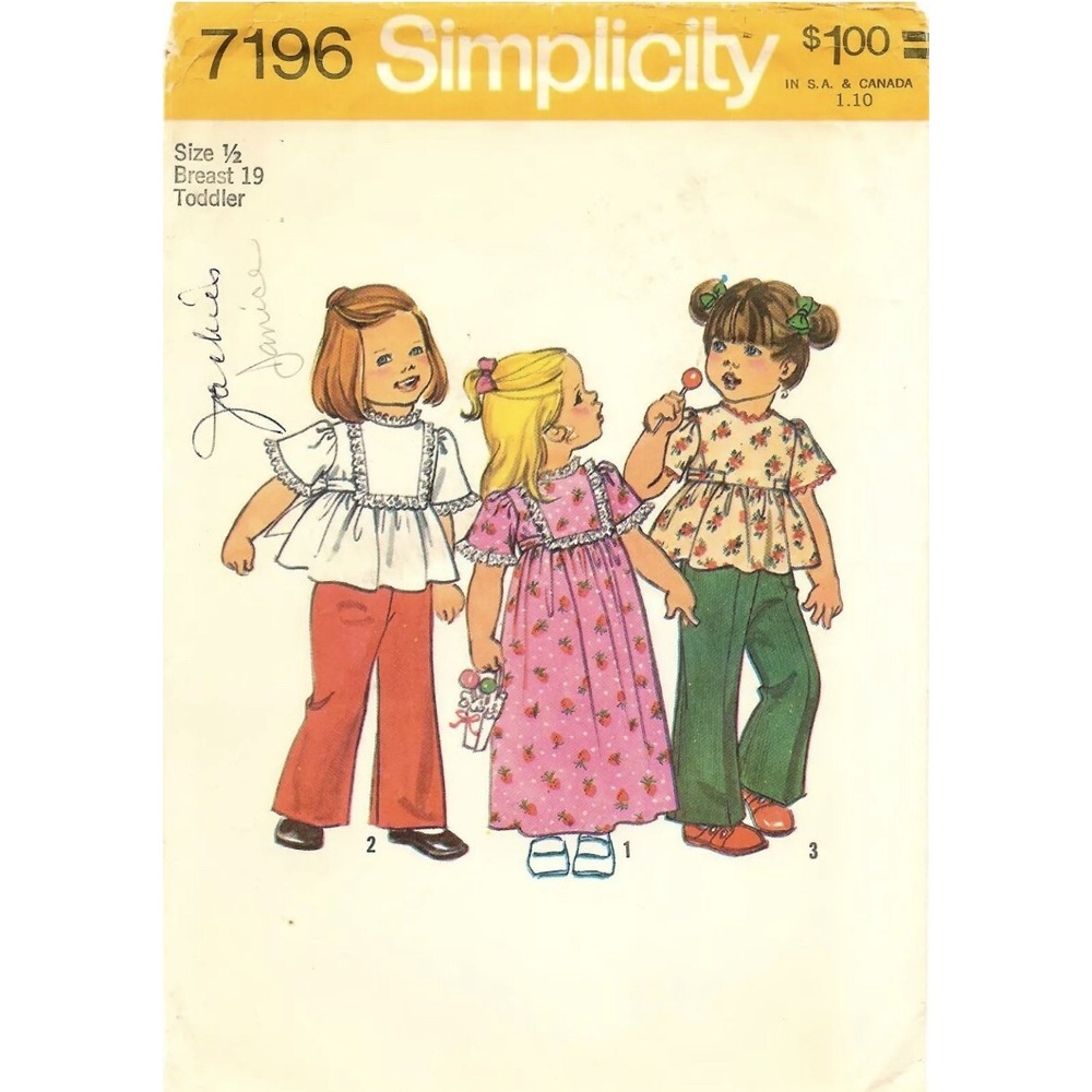 Vintage Simplicity 7196 Toddlers Dress Top Pants Sewing Pattern Size 1/2 Cut